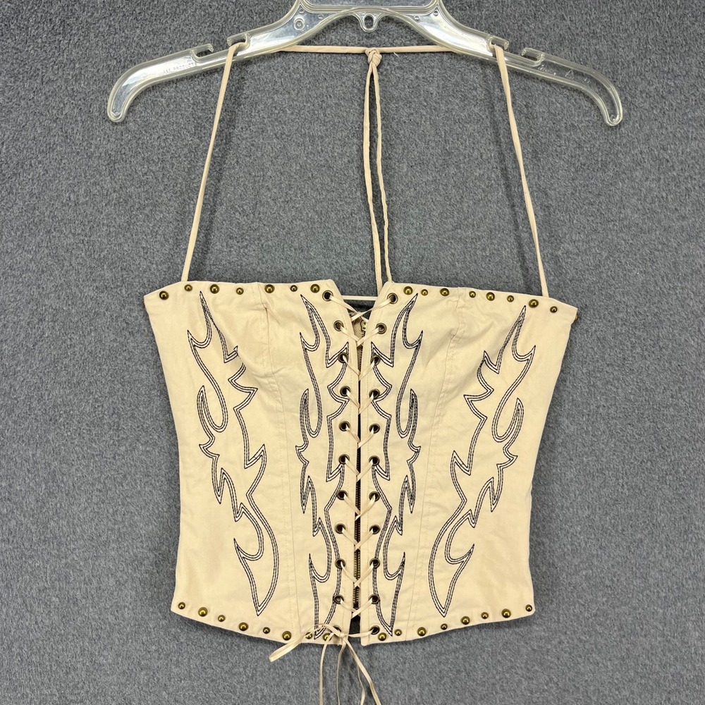 Tic Toc Raelynn Corset Top Women Small Beige Flame Studded Halter Western Edgy